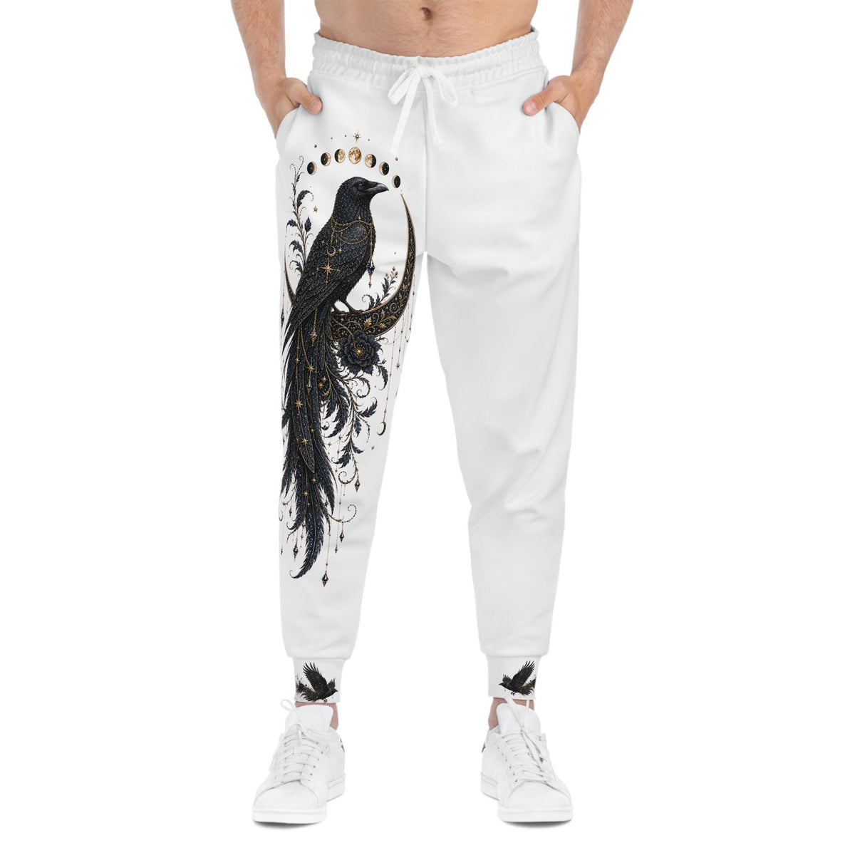 Celestial Raven Joggers, All-Over Print Crow Moon Sweatpants, Gothic Athletic Wear