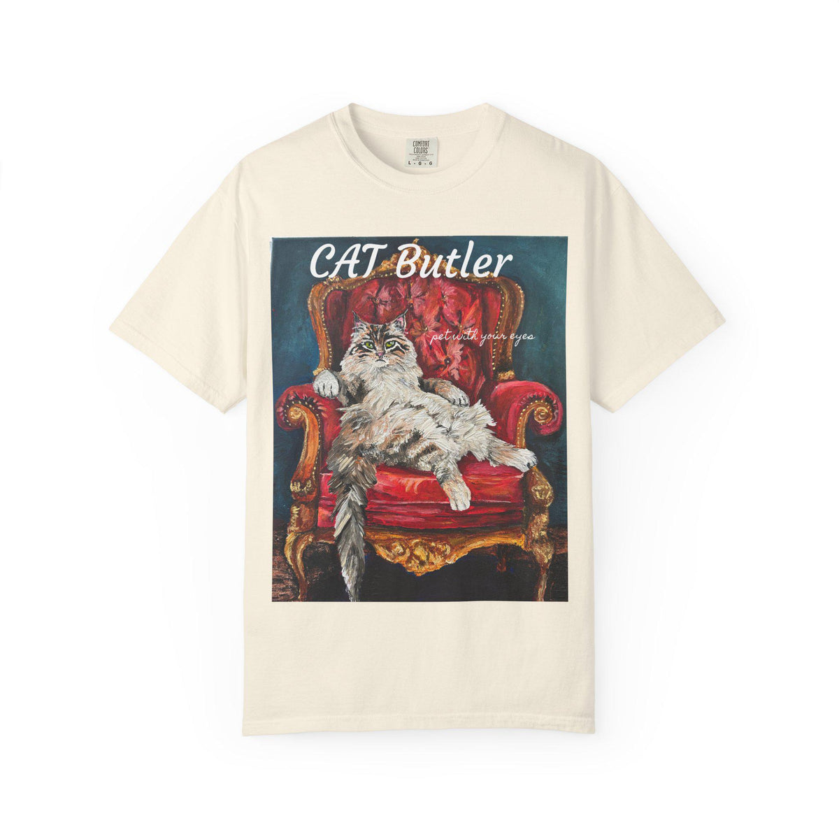 Cat Butler illustration T-shirt | Regal Cat on Throne, Vintage Pet Art