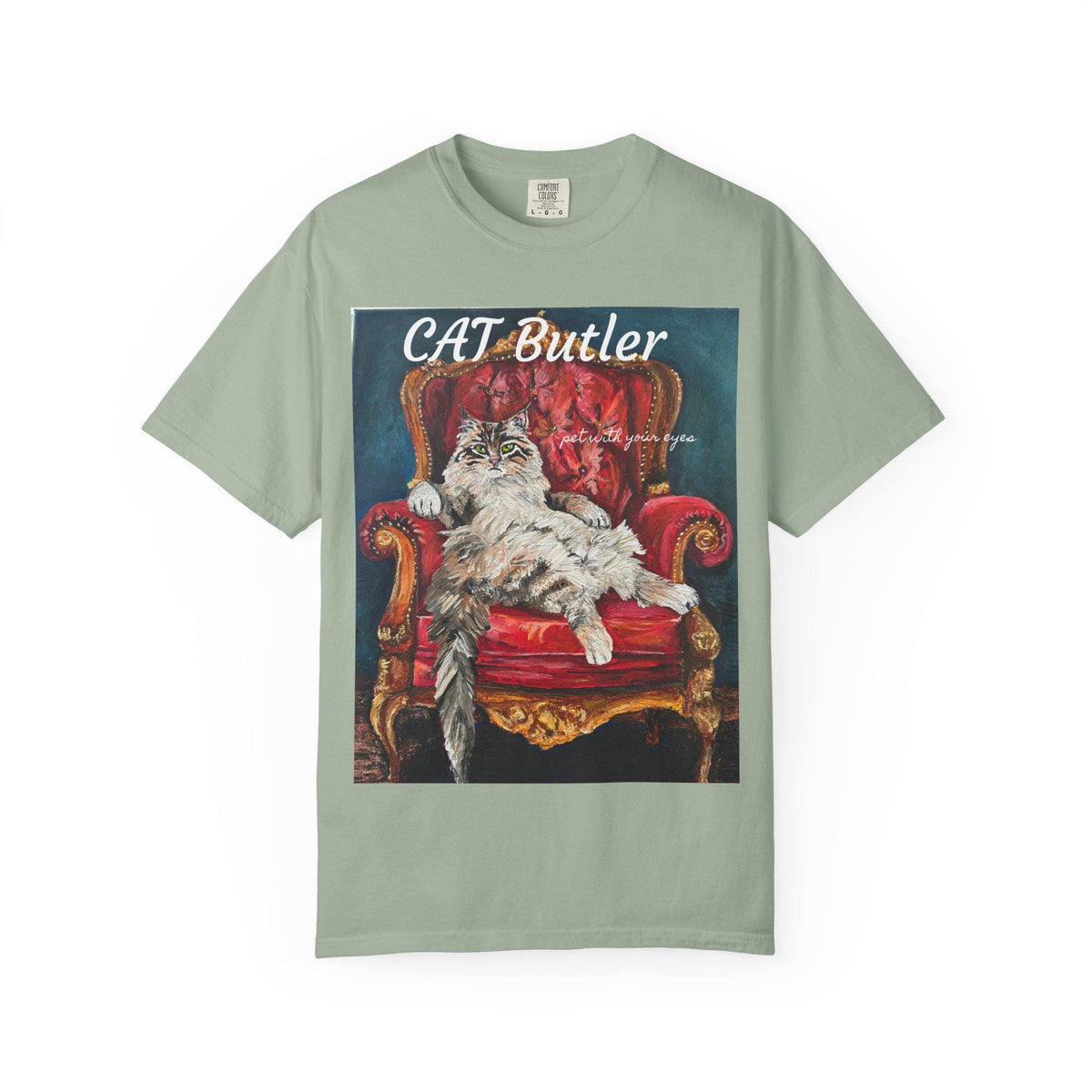 Cat Butler illustration T-shirt | Regal Cat on Throne, Vintage Pet Art