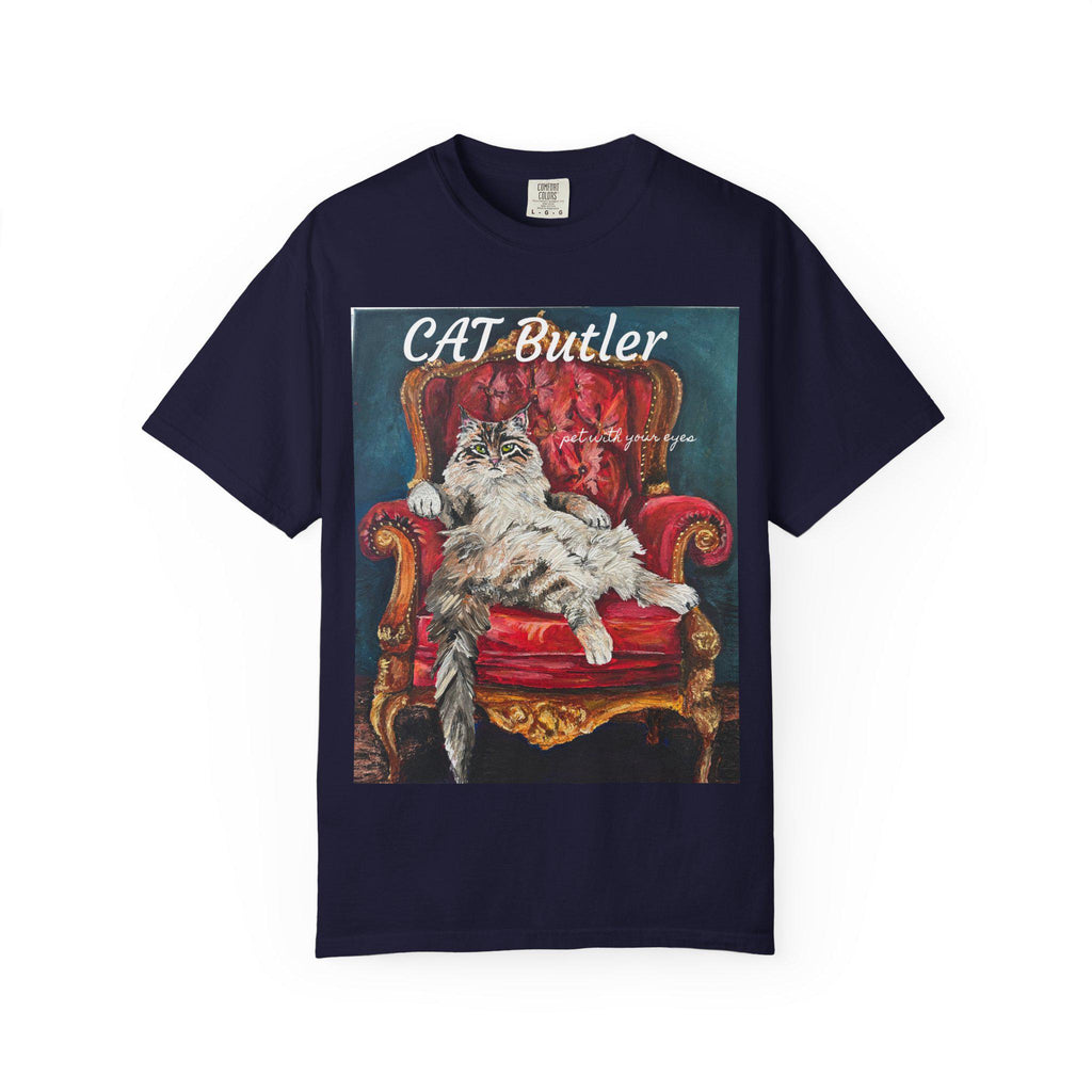 Cat Butler illustration T-shirt | Regal Cat on Throne, Vintage Pet Art