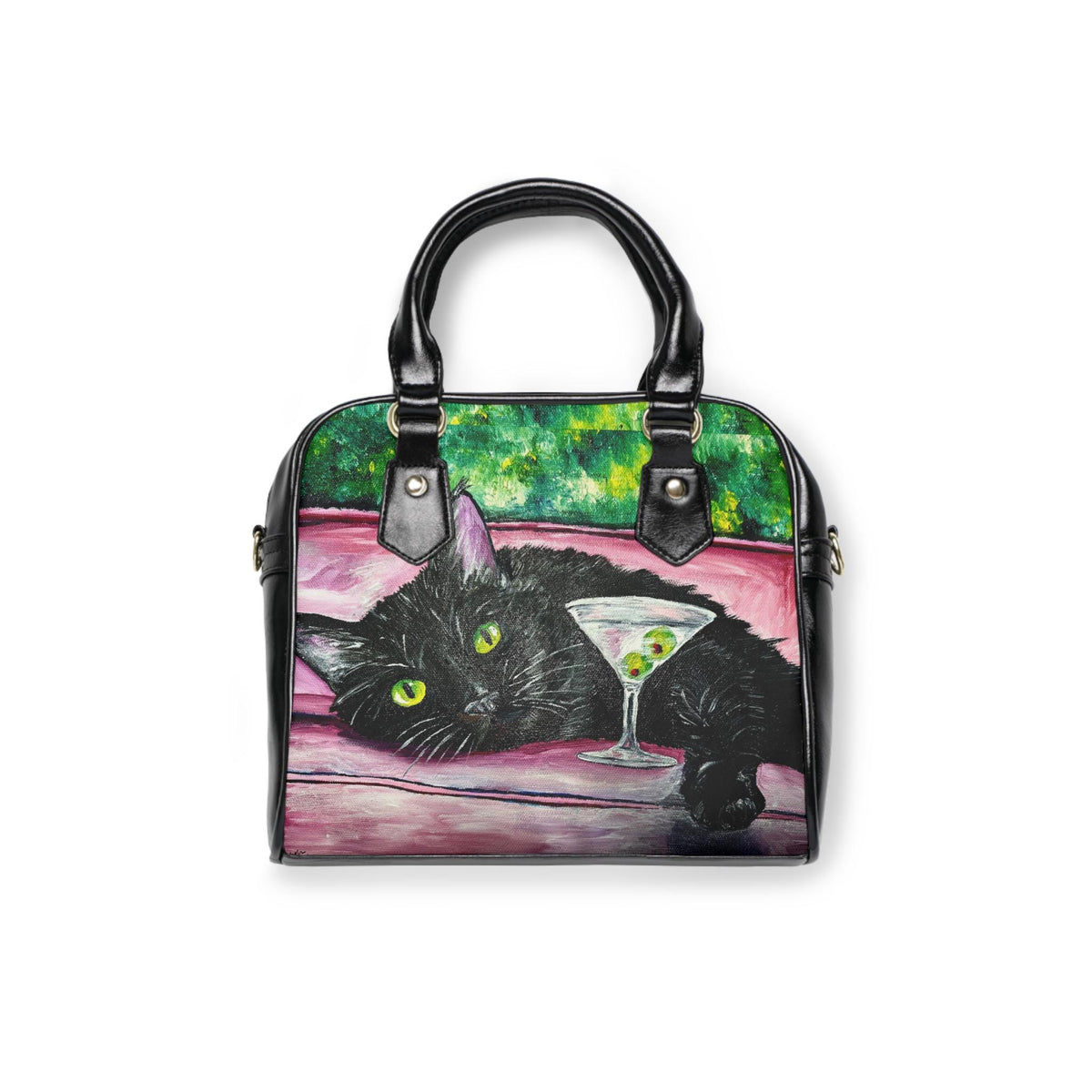 Black Cat Martini Shoulder Bag, Whimsical Cocktail Art Purse (Vegan Leather)