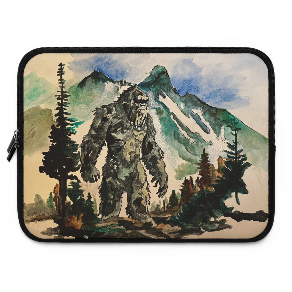 Bigfoot Laptop Sleeve, Watercolor Sasquatch Mountain Art, Neoprene Case (MacBook)