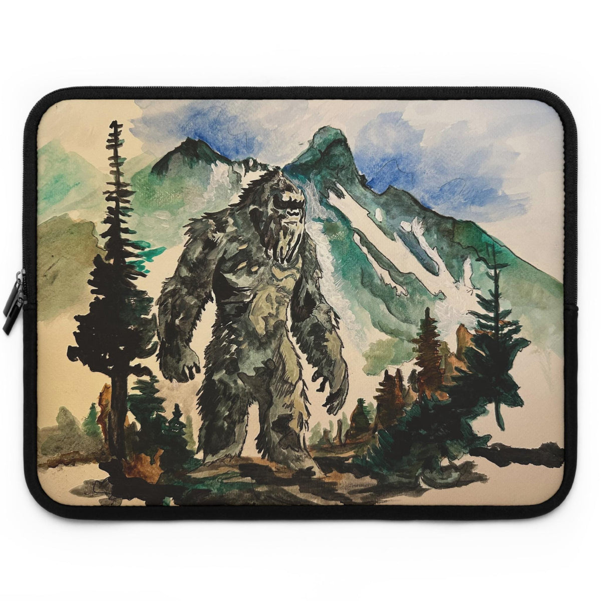 Bigfoot Laptop Sleeve, Watercolor Sasquatch Mountain Art, Neoprene Case (MacBook)
