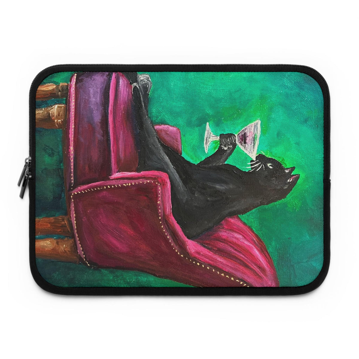 Whimsical Black Cat Cocktail Art Laptop Sleeve, Neoprene MacBook Case (Cat Lover Gift)