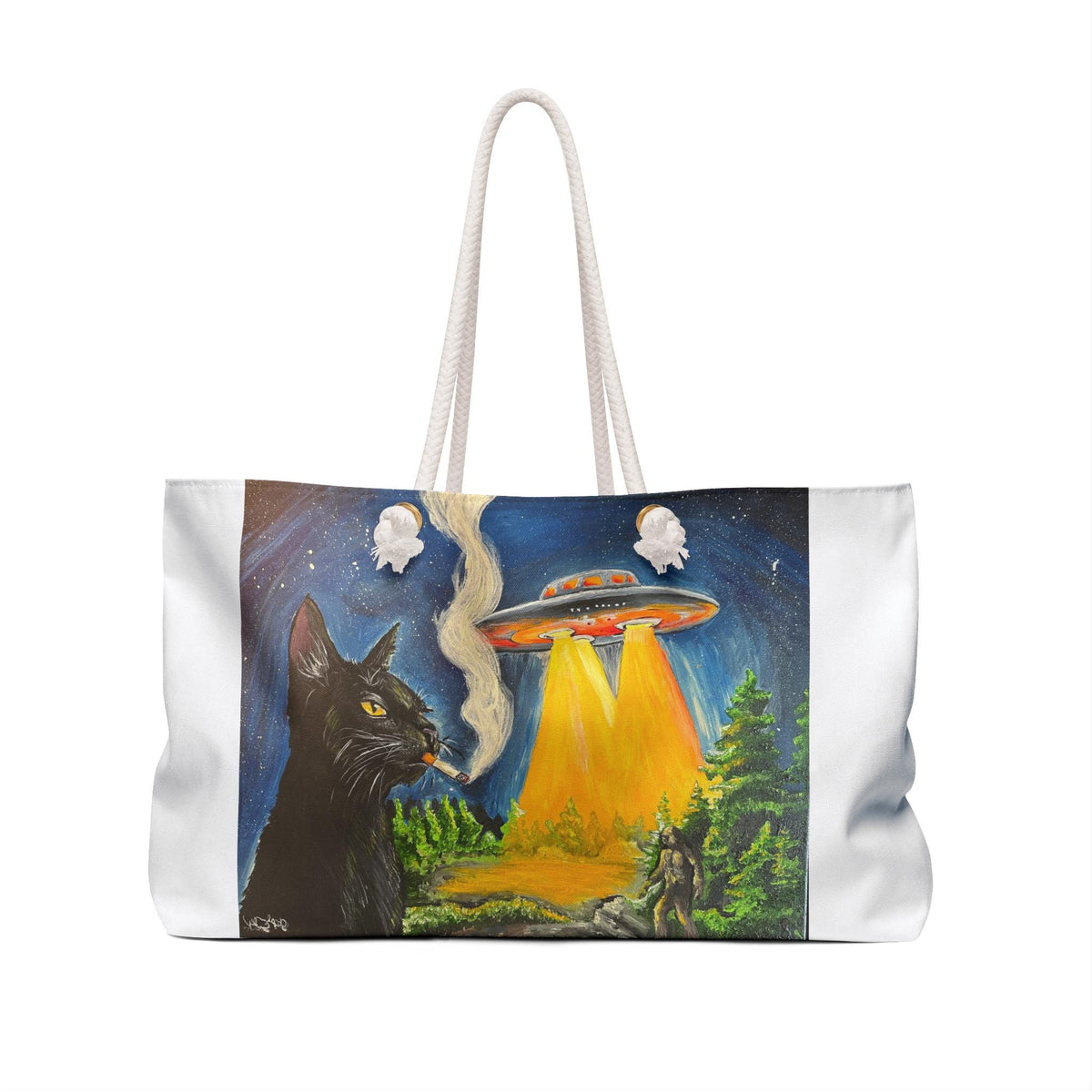 UFO Black Cat Bigfoot Weekender Bag, Cryptid Art Travel Tote (24"x13")