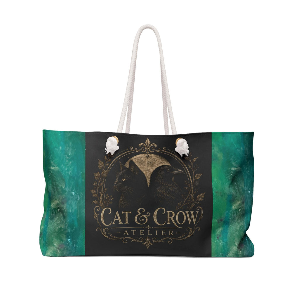 Black Cat and Raven Weekender Bag, Gothic Moon Emblem, Teal Watercolor Tote (24"x13")