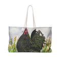 Black Rooster Weekender Bag, Farmhouse Art Travel Tote, Oversized Rope Handle Overnight Bag