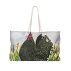 Black Rooster Weekender Bag, Farmhouse Art Travel Tote, Oversized Rope Handle Overnight Bag