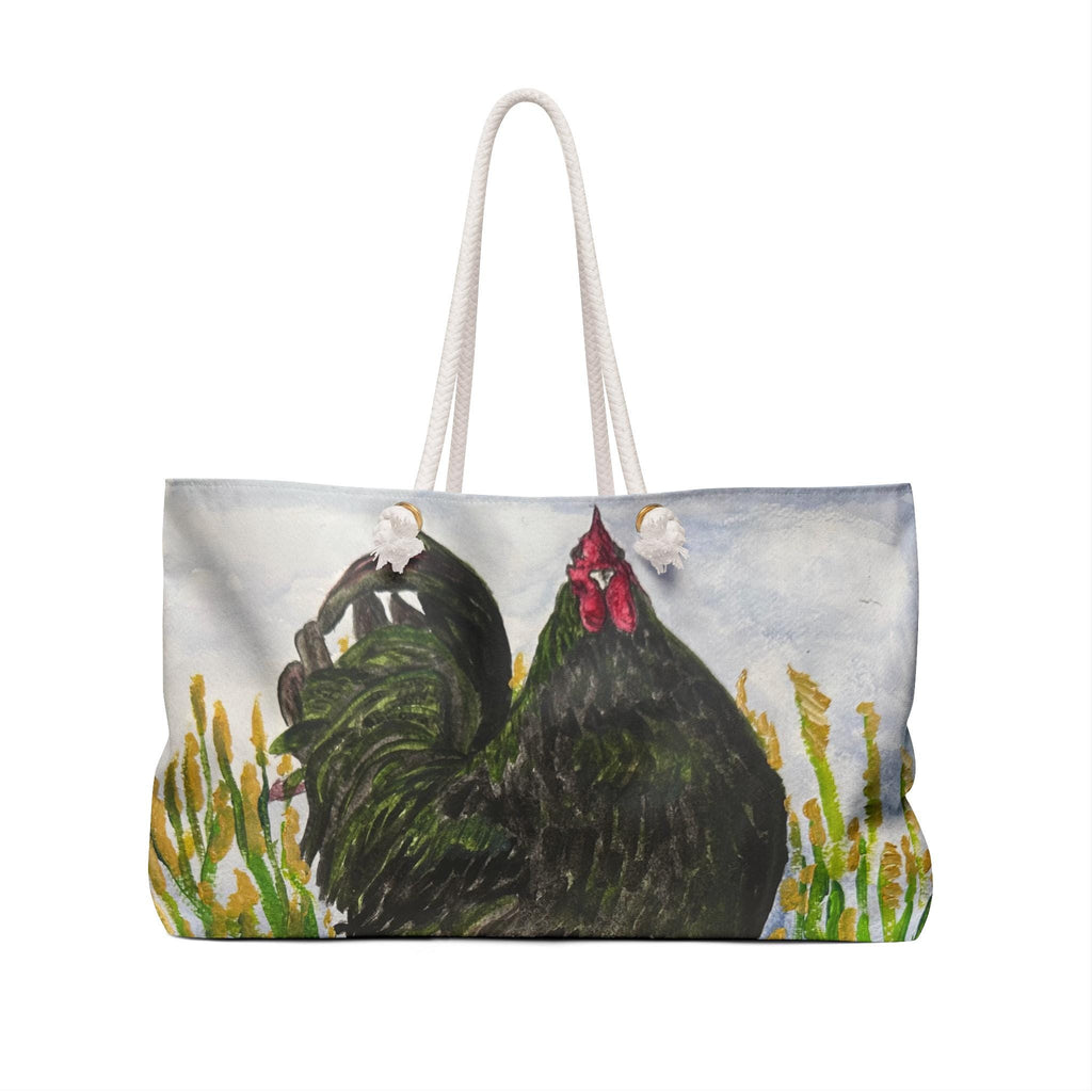 Black Rooster Weekender Bag, Farmhouse Art Travel Tote, Oversized Rope Handle Overnight Bag