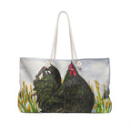 Black Rooster Weekender Bag, Farmhouse Art Travel Tote, Oversized Rope Handle Overnight Bag