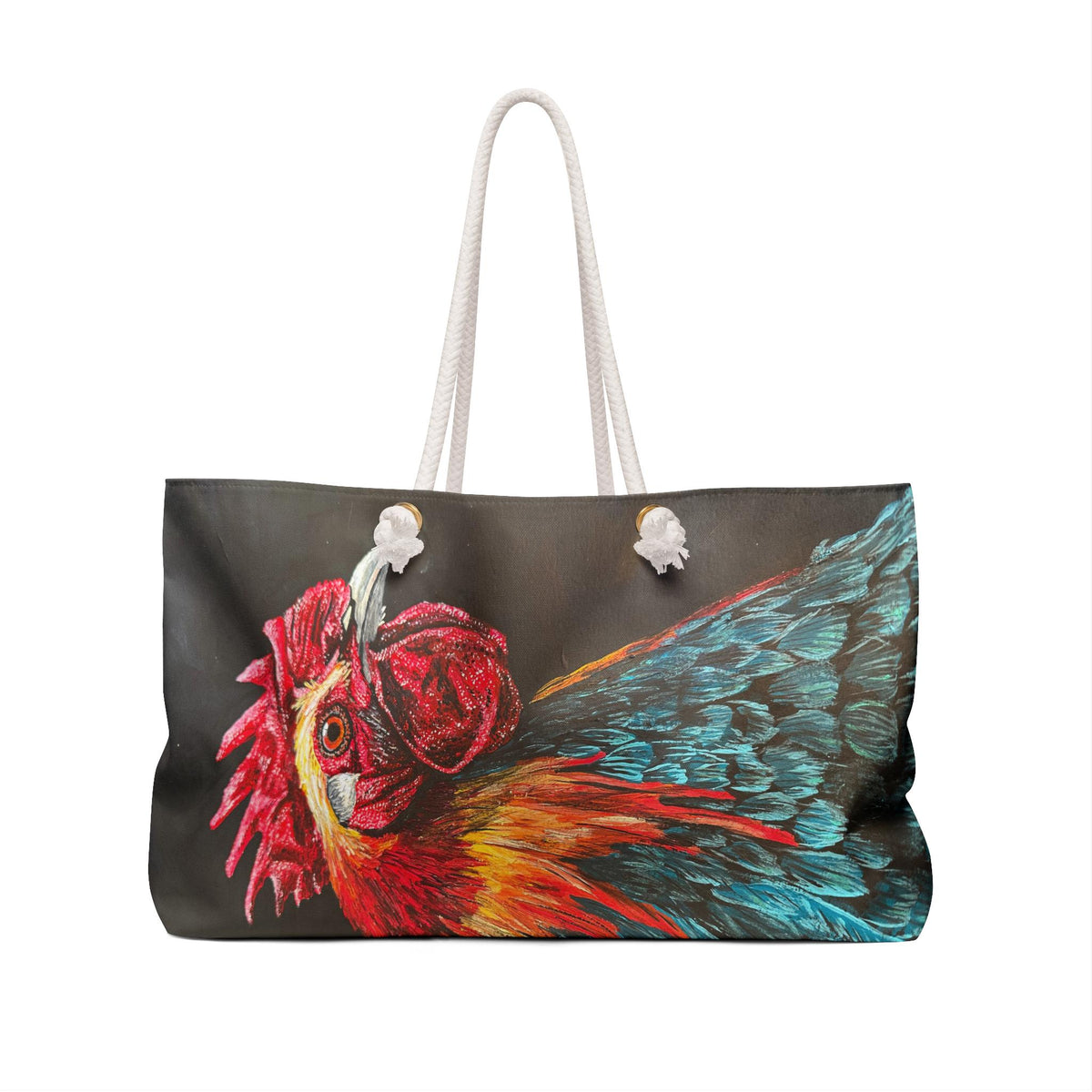 Bold Rooster Weekender Bag, Farmhouse Art Tote, Rope Handle Travel Bag