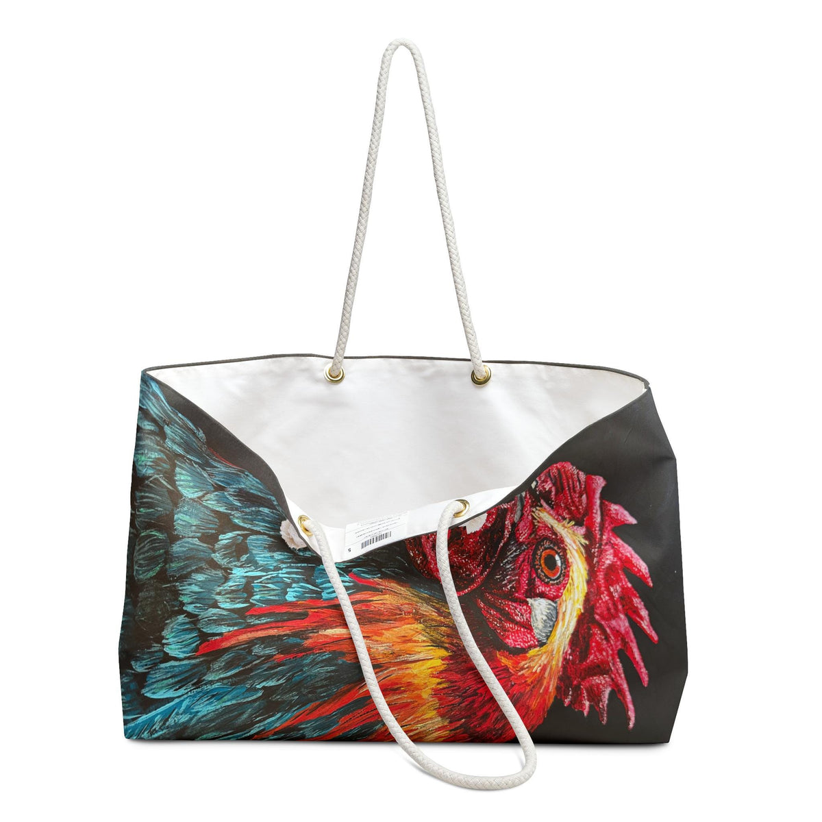 Bold Rooster Weekender Bag, Farmhouse Art Tote, Rope Handle Travel Bag