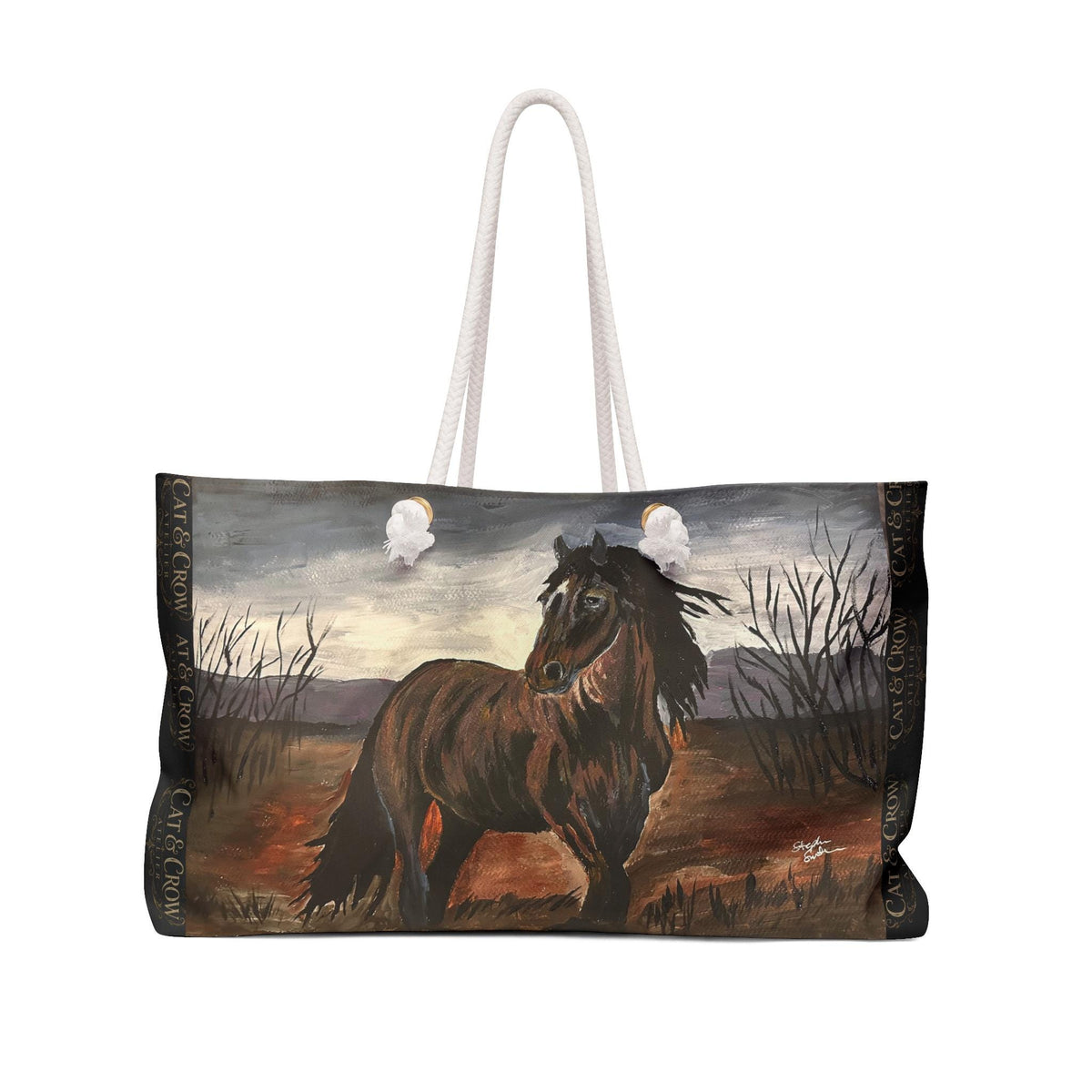 Dark Bay Horse Moorland Art Weekender Bag, Oversized Rope Handle Tote (24"x13")