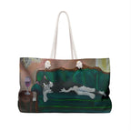 Tuxedo Cat on Sofa Weekender Bag, Wine Art Tote, Oversized Rope Handle Overnight Bag