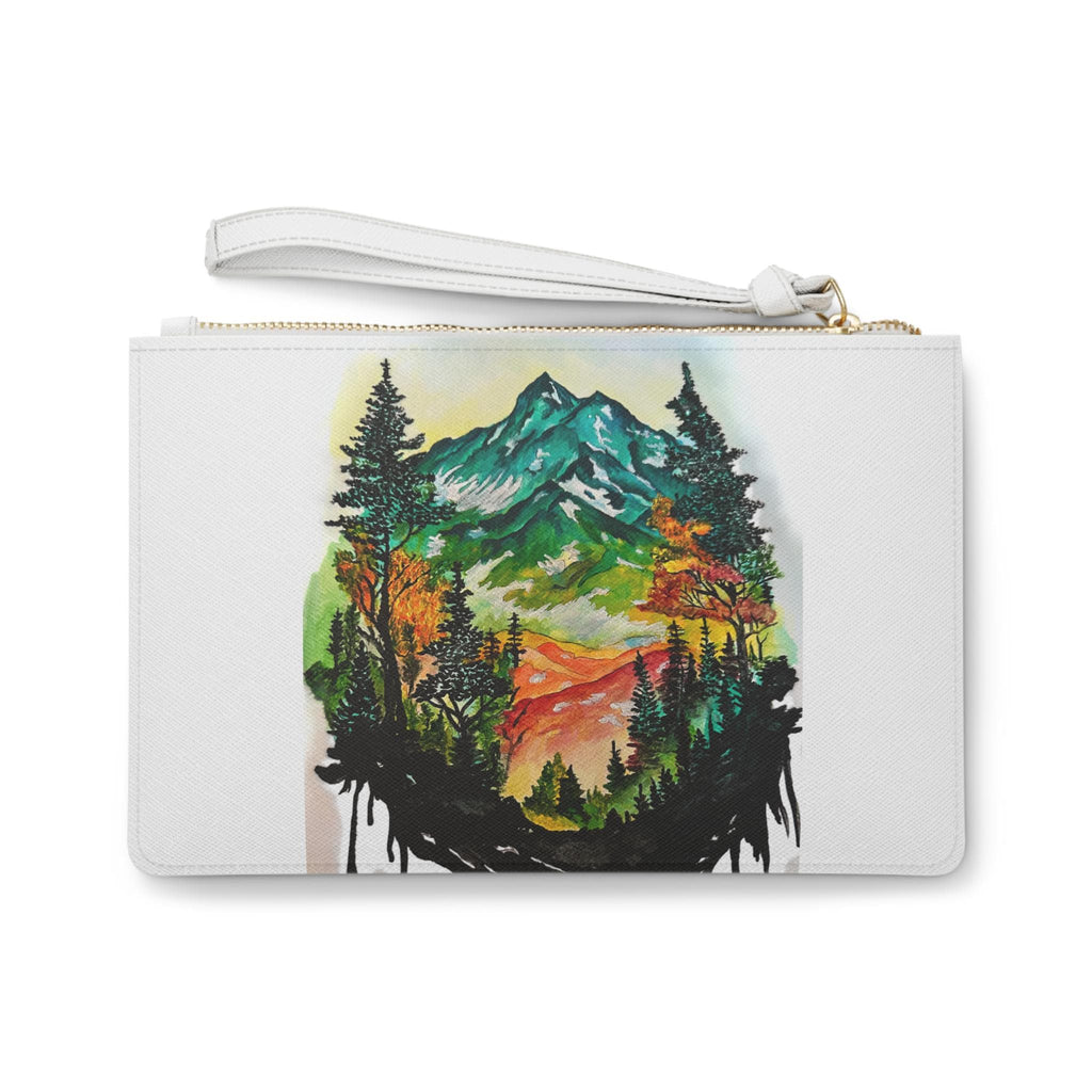 Watercolor Mountain Forest Clutch, Vegan Leather Wristlet Purse, Nature Lover Gift