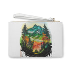 Watercolor Mountain Forest Clutch, Vegan Leather Wristlet Purse, Nature Lover Gift