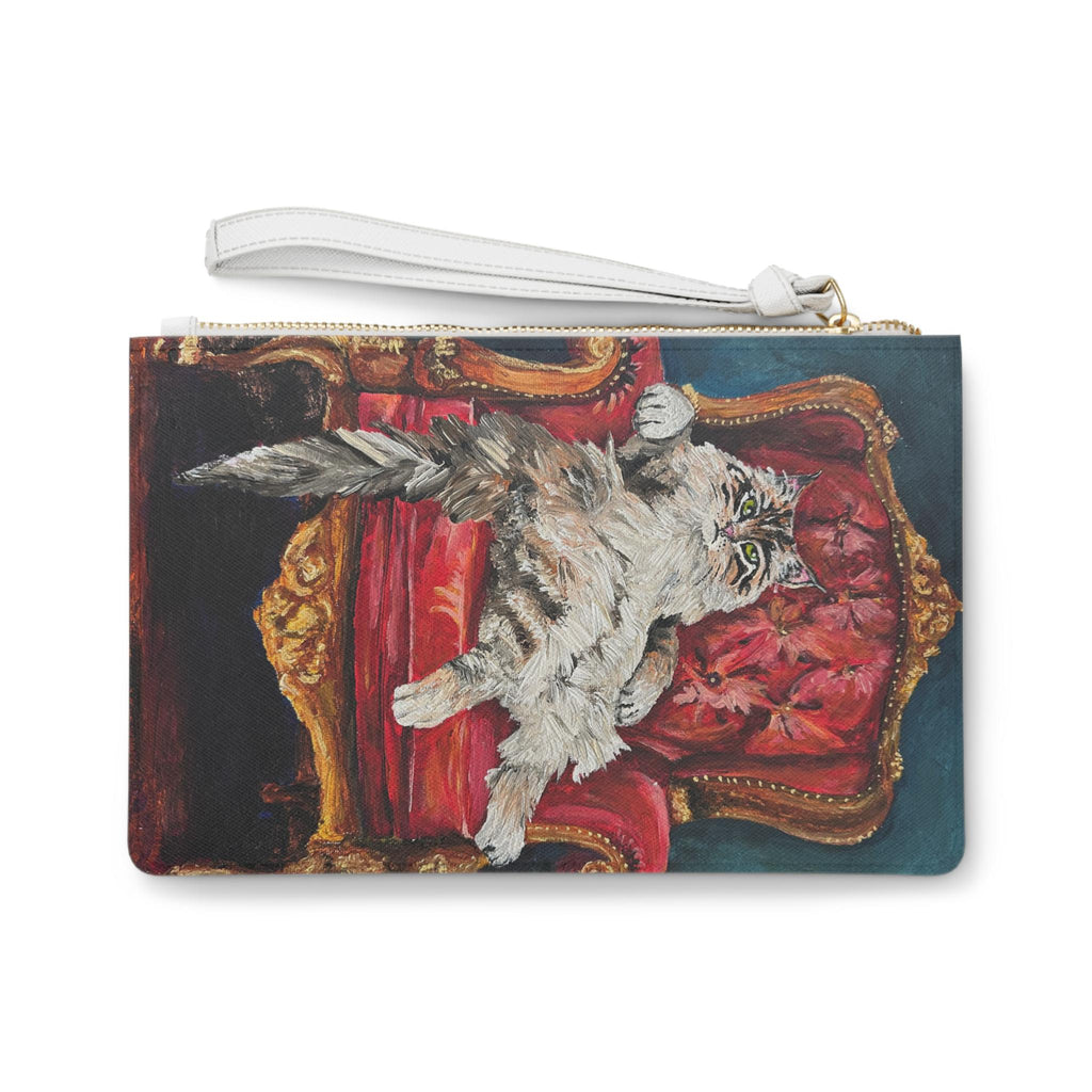 Tabby Cat on Red Velvet Throne Clutch, Maximalist Art Wristlet Purse (Vegan Leather)