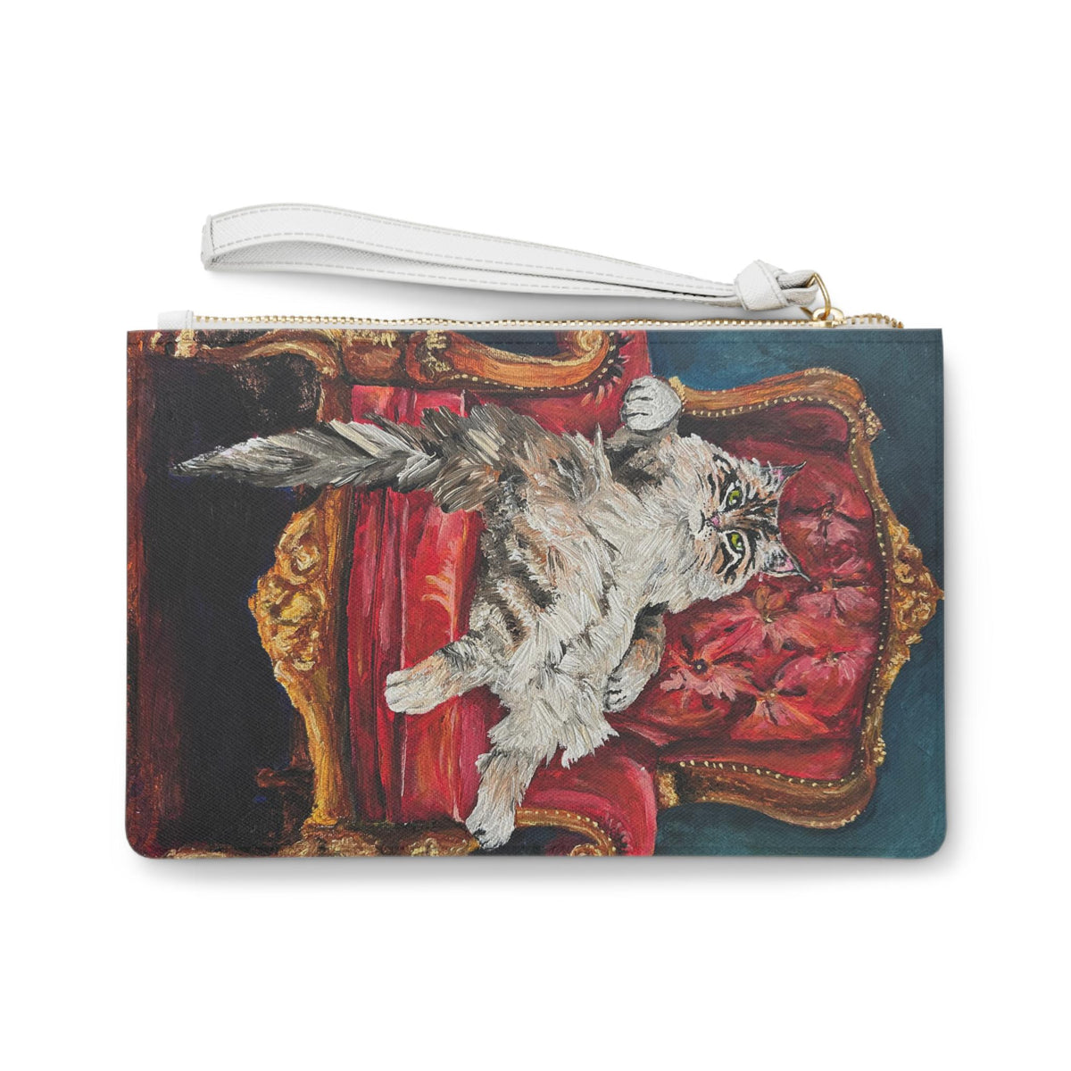 Tabby Cat on Red Velvet Throne Clutch, Maximalist Art Wristlet Purse (Vegan Leather)