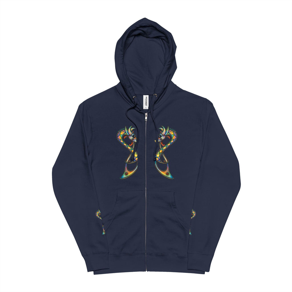 Norse Dragon Zip-Up Hoodie, Stained Glass Twin Serpents, Viking Fleece Jacket