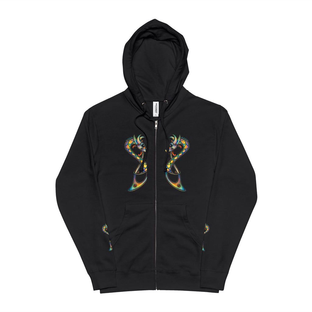 Norse Dragon Zip-Up Hoodie, Stained Glass Twin Serpents, Viking Fleece Jacket