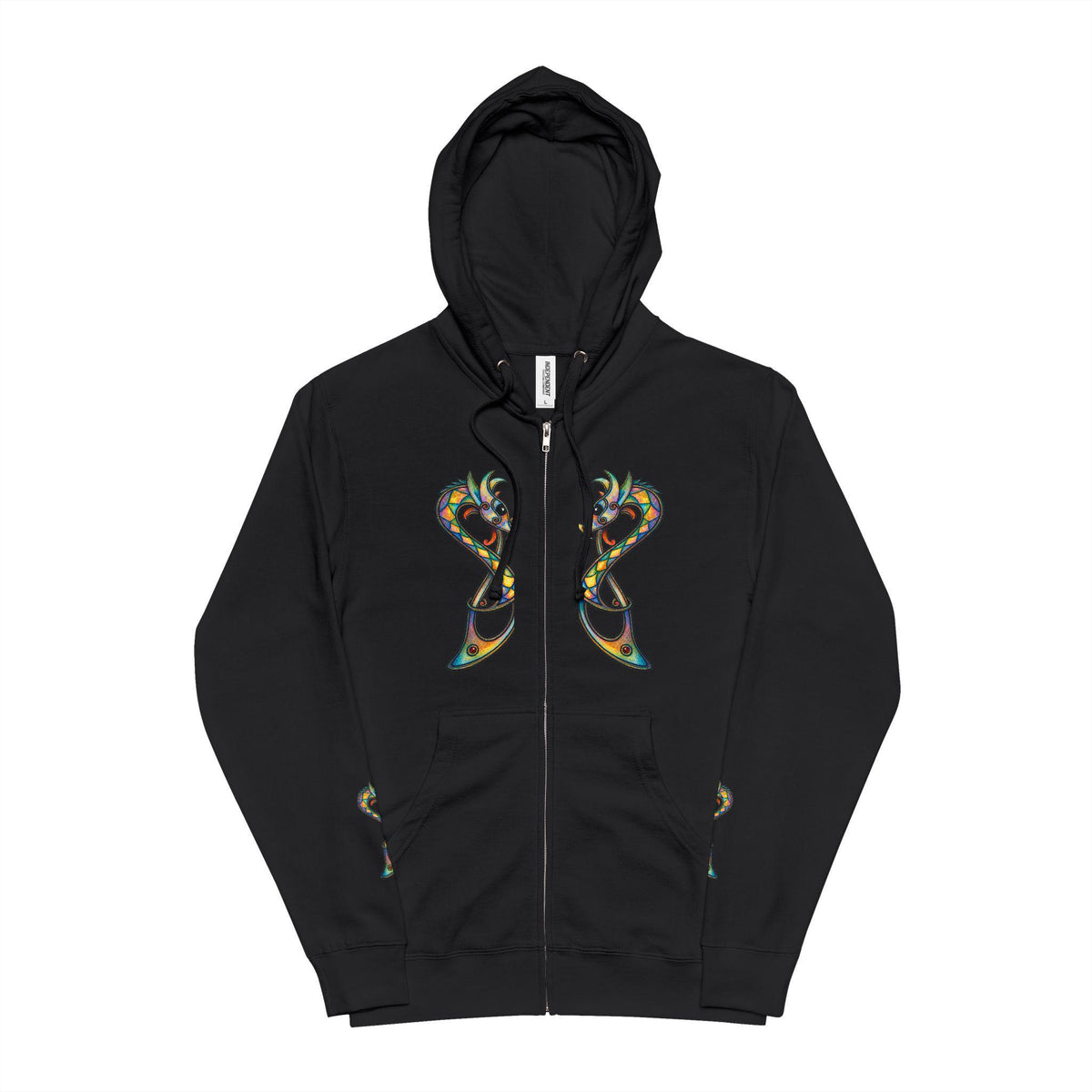Norse Dragon Zip-Up Hoodie, Stained Glass Twin Serpents, Viking Fleece Jacket