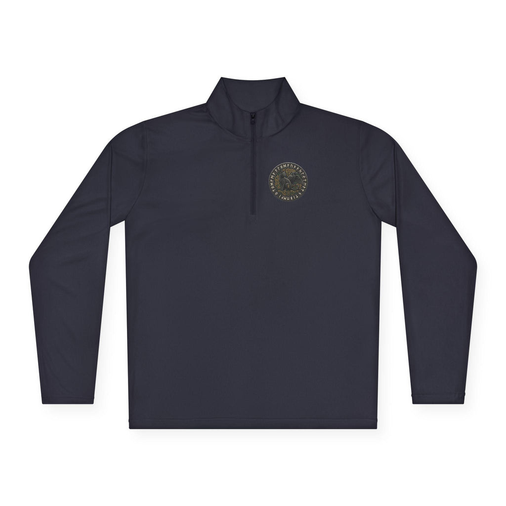 Viking Cat and Raven Quarter Zip Pullover, Norse Runic Crest Sweatshirt, Subtle Pagan Gift, Heathen Apparel