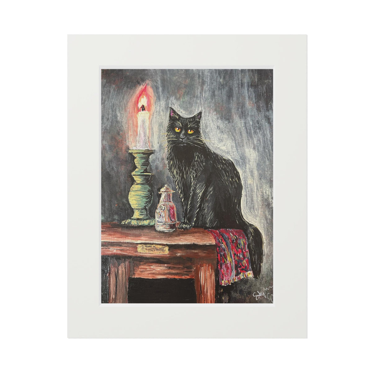 Black Cat Candle Art Print, Gothic Still Life, Dark Academia Home Decor (Matted Fine Art Print)