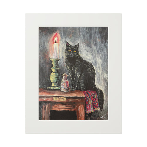 Black Cat Candle Art Print, Gothic Still Life, Dark Academia Home Decor (Matted Fine Art Print)