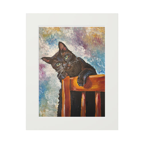 Black Cat on Chair Art Print, Colorful Cat Lover Gift, Matted Fine Art Print for Home