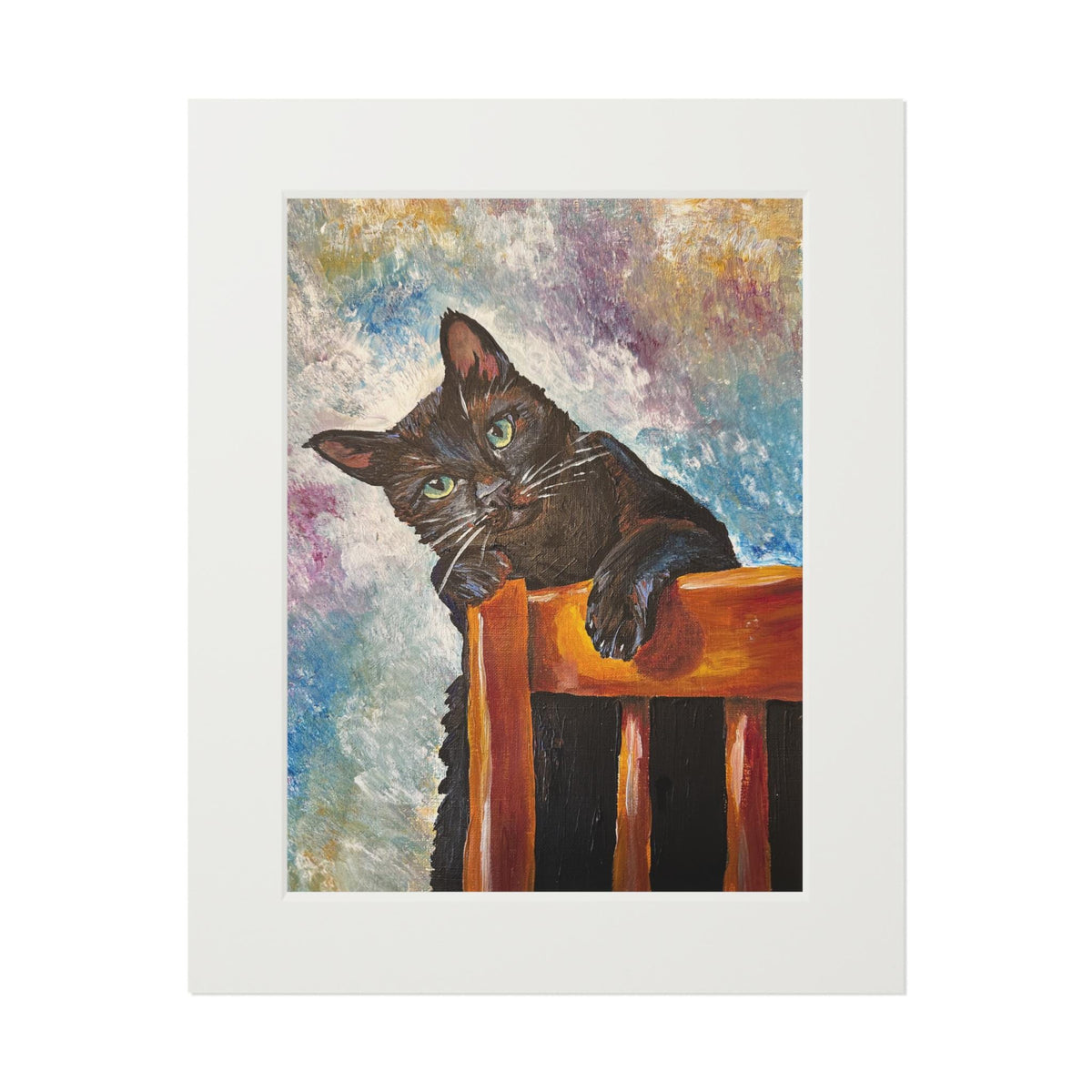 Black Cat on Chair Art Print, Colorful Cat Lover Gift, Matted Fine Art Print for Home