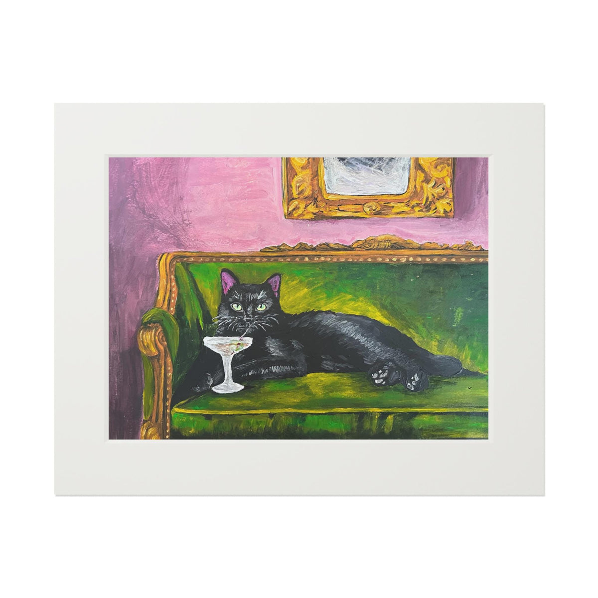 Maximalist Black Cat Martini Art Print, Green Velvet Settee, Whimsical Bar Cart Decor (Matted Print)