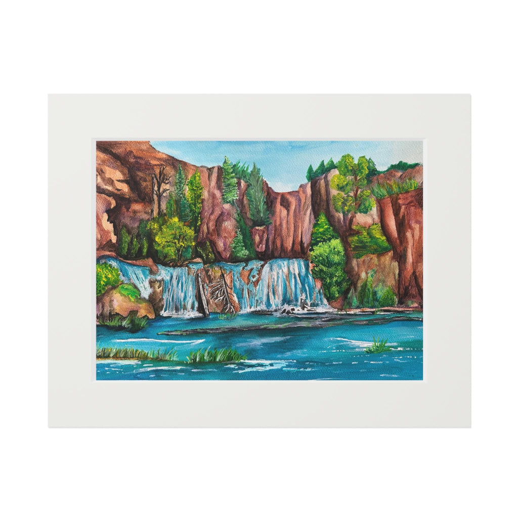 Desert Canyon Waterfall Watercolor Print, Southwest Landscape Art (Matted)