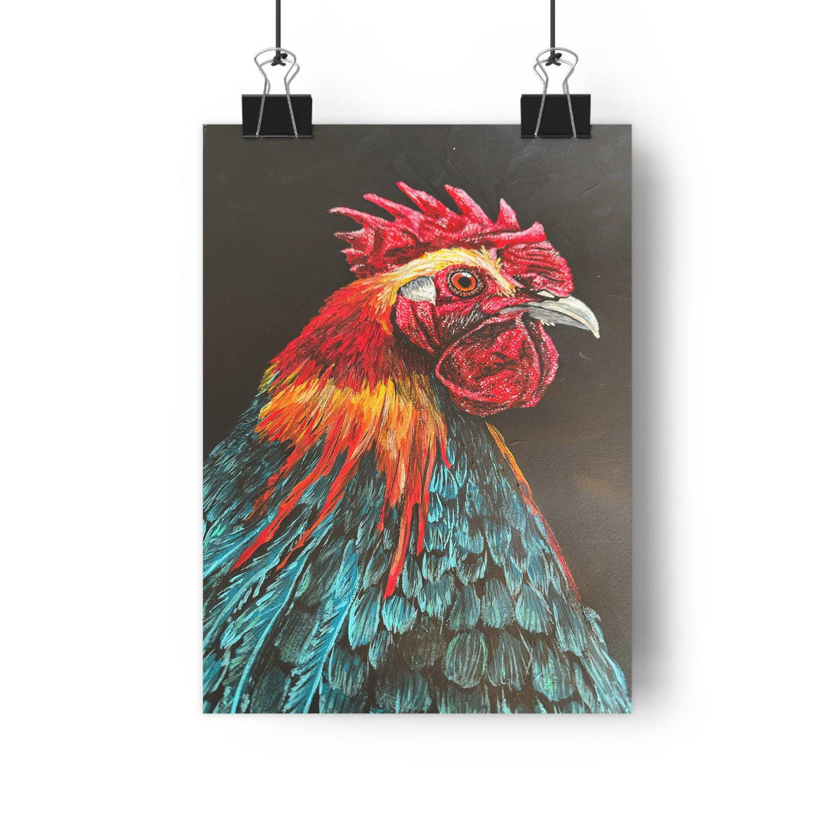 Rooster Giclee Art Print, Red Teal Portrait, Farmhouse Kitchen Decor