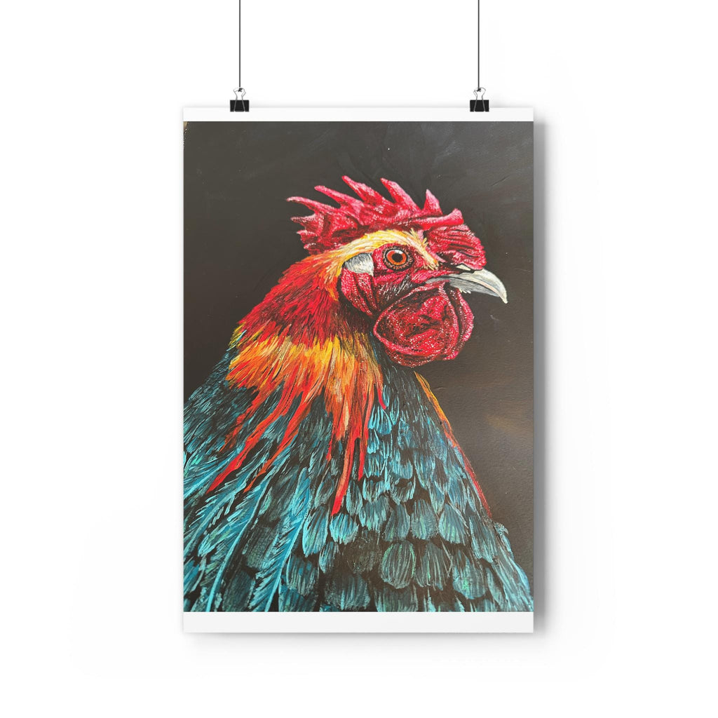 Rooster Giclee Art Print, Red Teal Portrait, Farmhouse Kitchen Decor