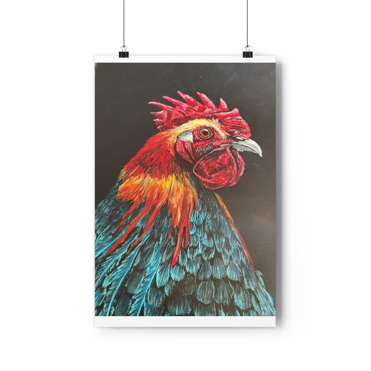 Rooster Giclee Art Print, Red Teal Portrait, Farmhouse Kitchen Decor