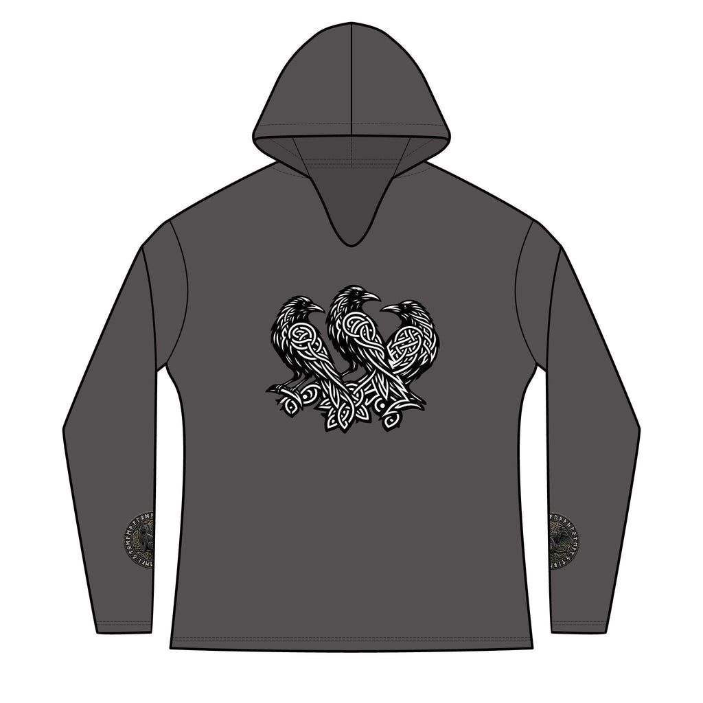 Three Ravens Norse Hoodie, Viking Knotwork, Runic Split V-Neck Top (Tri-Blend)