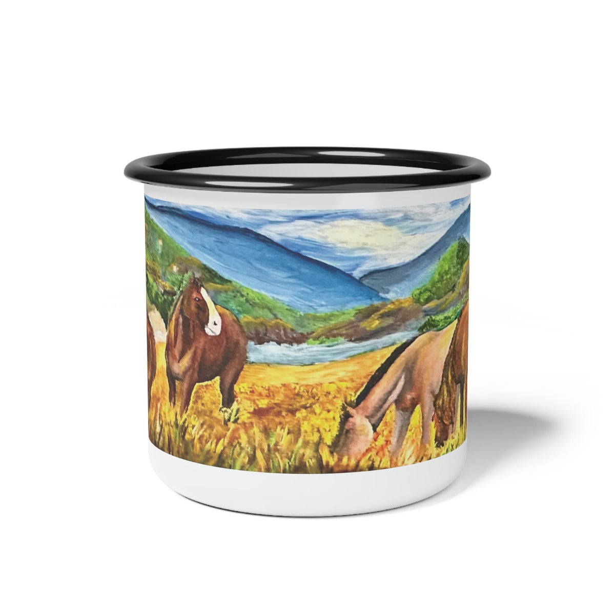 Enamel Camp Mug, Wild Horses Painting, Western Ranch Art, Equestrian Gift (12oz)