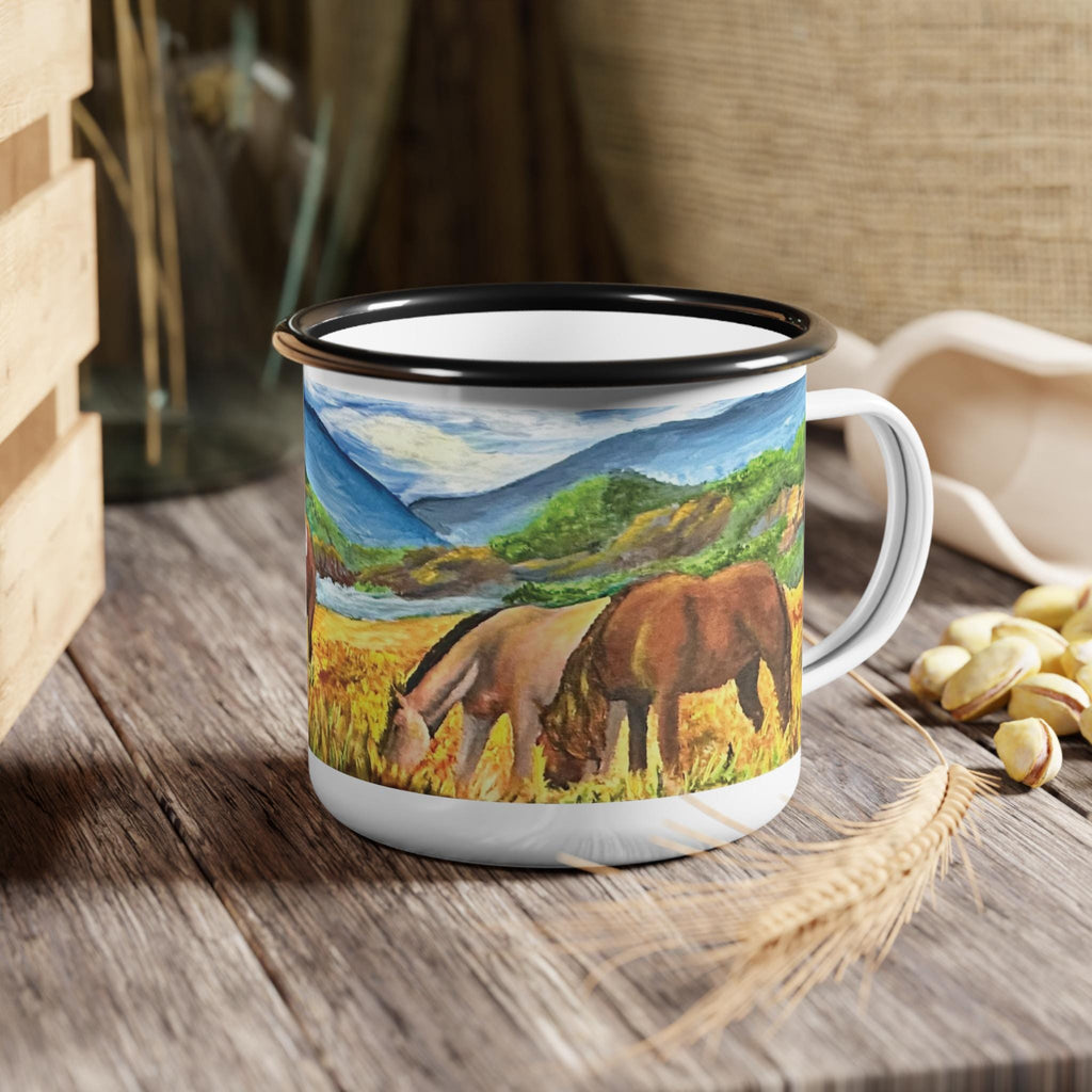 Enamel Camp Mug, Wild Horses Painting, Western Ranch Art, Equestrian Gift (12oz)