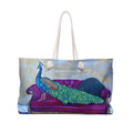 Peacock Velvet Chaise Painting Weekender Bag, Maximalist Bird Art Tote (24"x13")