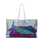 Peacock Velvet Chaise Painting Weekender Bag, Maximalist Bird Art Tote (24"x13")