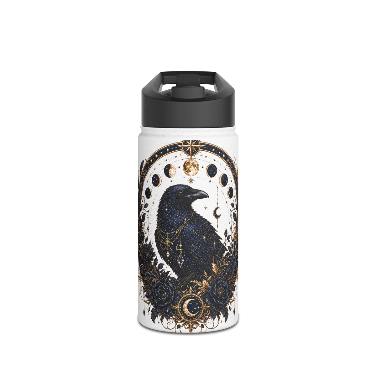 Celestial Raven Stainless Steel Water Bottle | Moon Phases, Gothic Astrology