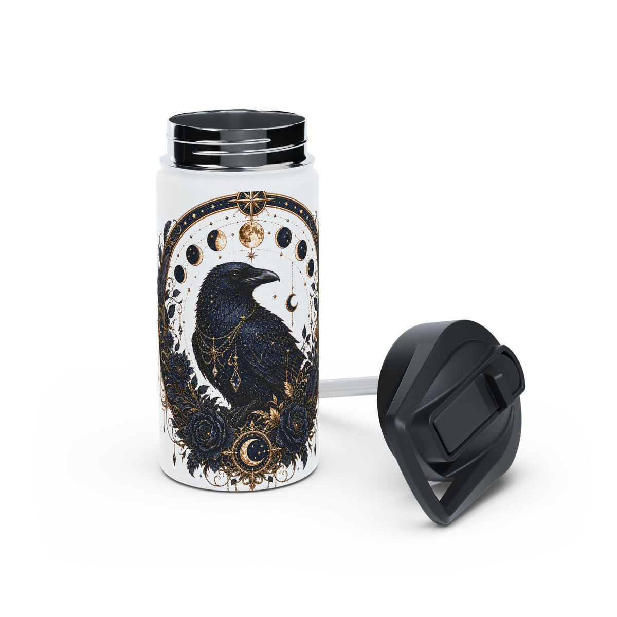 Celestial Raven Stainless Steel Water Bottle | Moon Phases, Gothic Astrology
