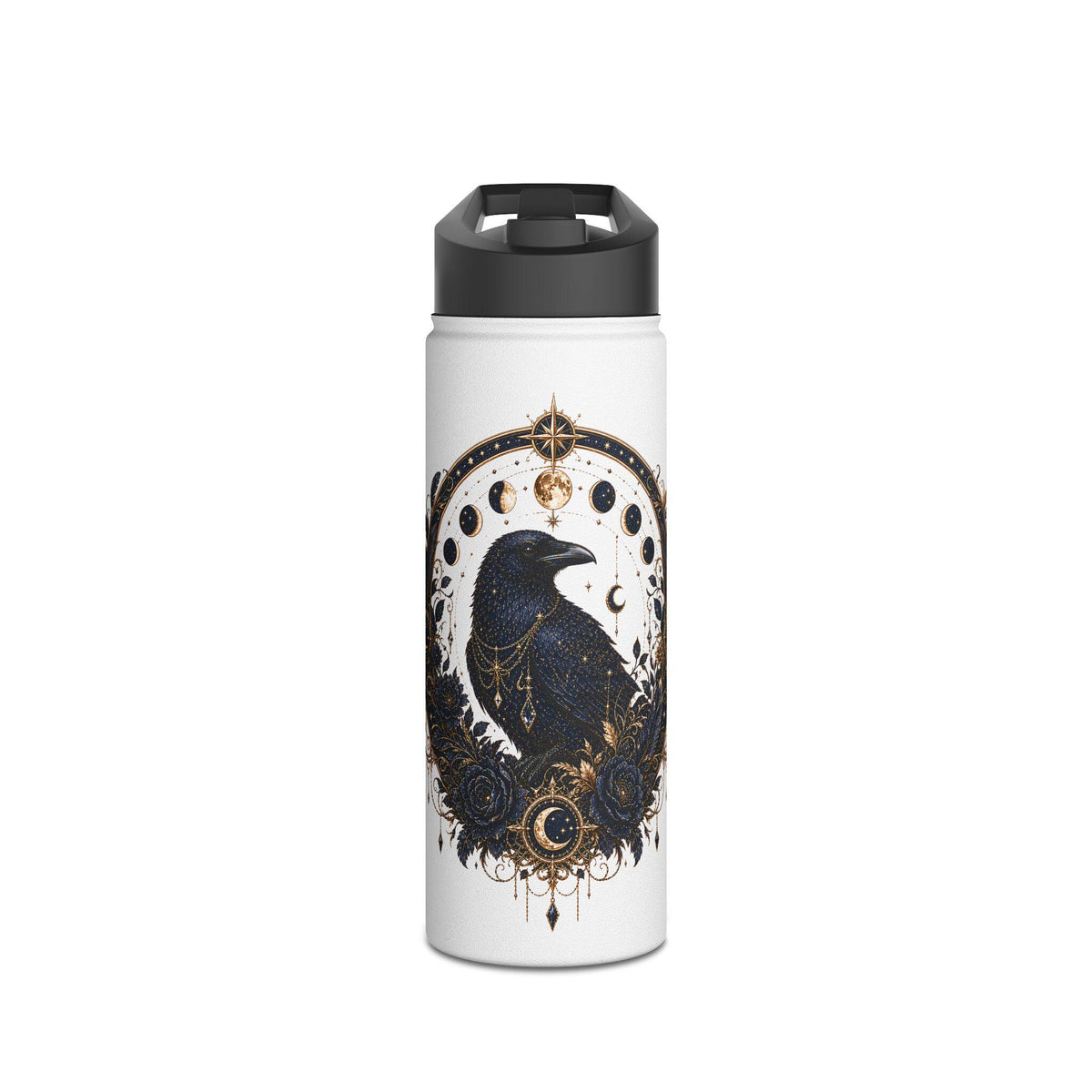 Celestial Raven Stainless Steel Water Bottle | Moon Phases, Gothic Astrology