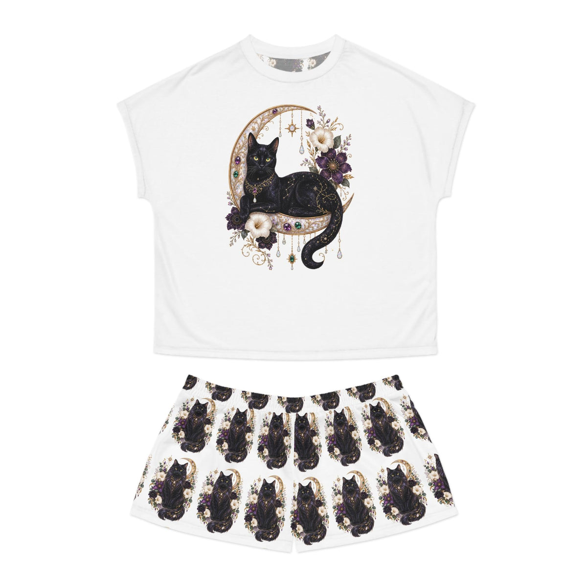 Black Cat Crescent Moon Pajama Set | Short Sleep Tee and Shorts