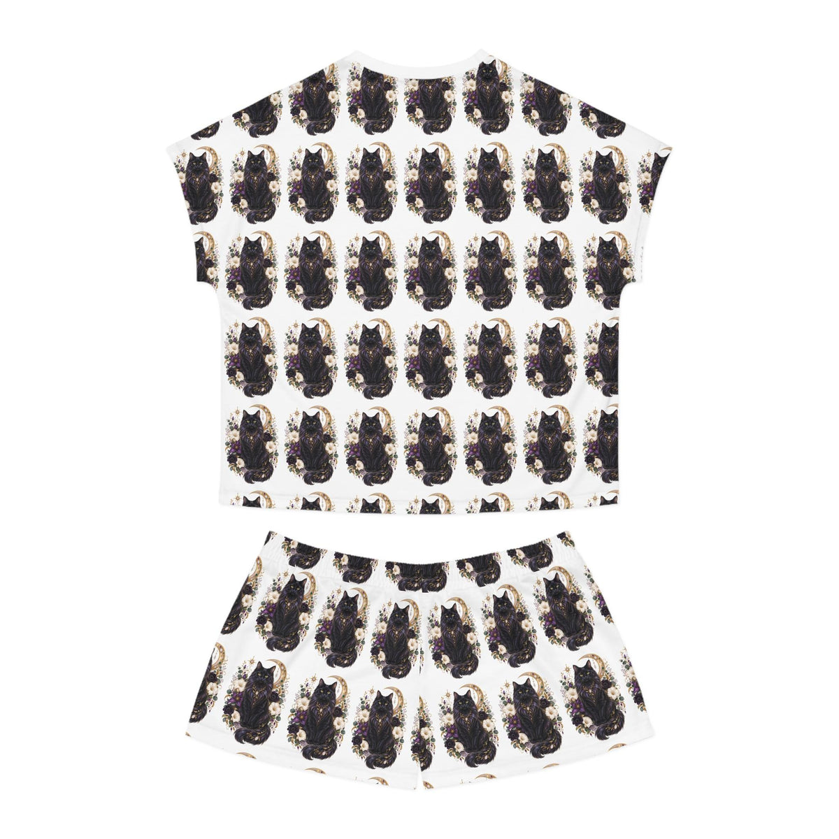 Black Cat Crescent Moon Pajama Set | Short Sleep Tee and Shorts