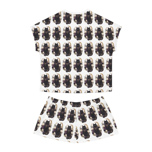 Black Cat Crescent Moon Pajama Set | Short Sleep Tee and Shorts