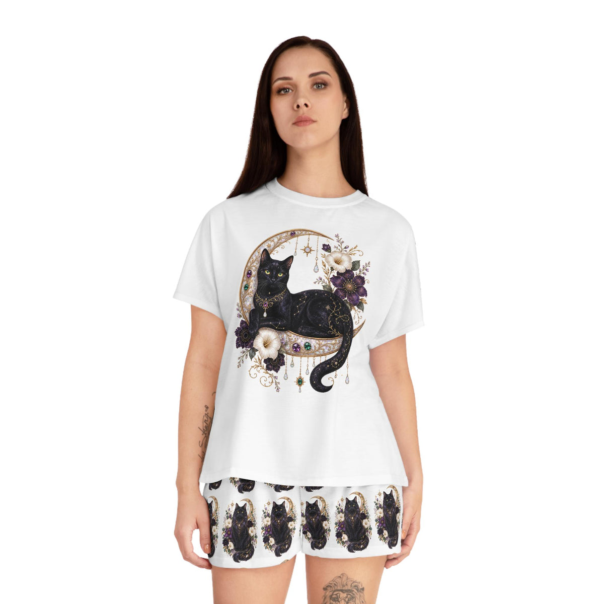 Black Cat Crescent Moon Pajama Set | Short Sleep Tee and Shorts