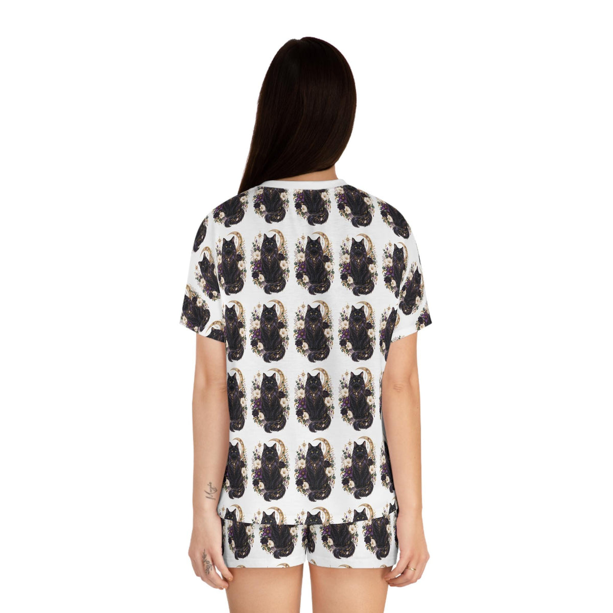Black Cat Crescent Moon Pajama Set | Short Sleep Tee and Shorts