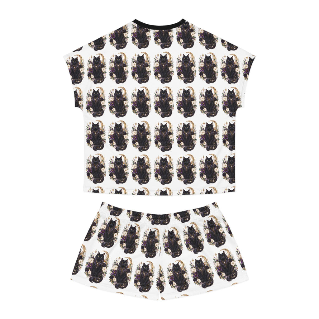 Black Cat Crescent Moon Pajama Set | Short Sleep Tee and Shorts