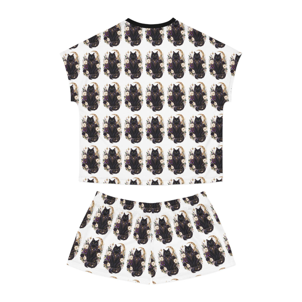 Black Cat Crescent Moon Pajama Set | Short Sleep Tee and Shorts